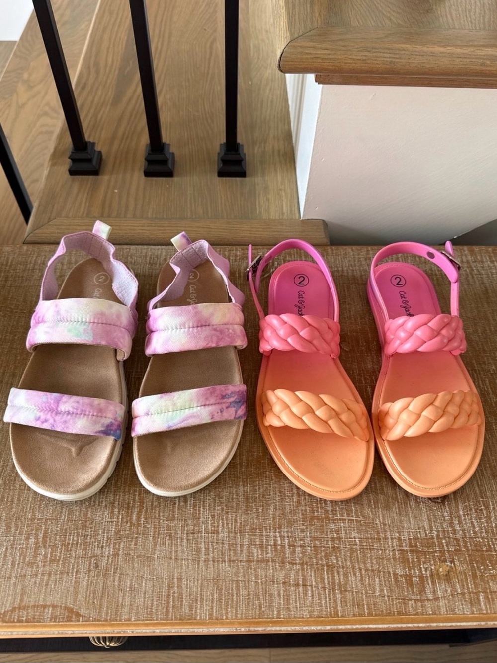 Cat & Jack Girls Pink Tie-Dye Sandal and Coral Braided Sandal Duo